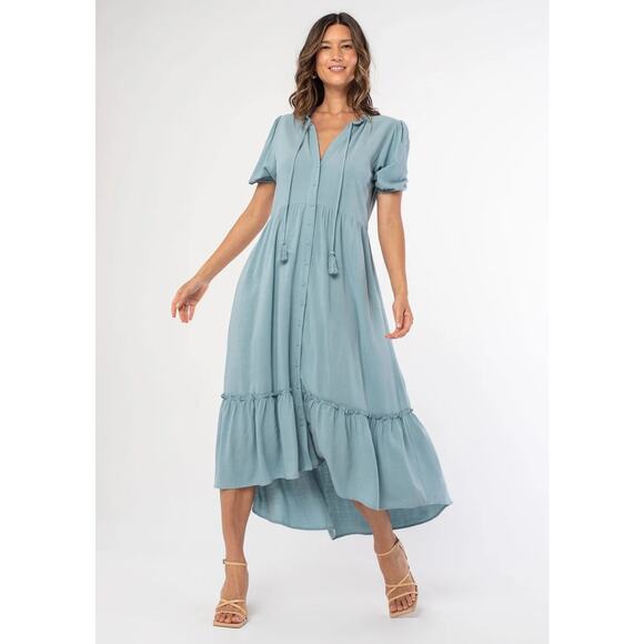 Lovestitch Dress Button Front Midi Blue Boho Linen Blend Puff Sleeves Sz Large - Picture 1 of 12